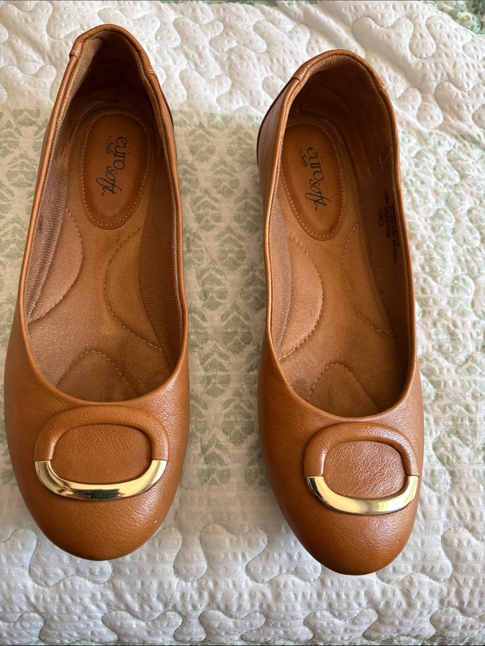Eurosoft Tan Leather Ballet Flats with Gold Accent Hardware